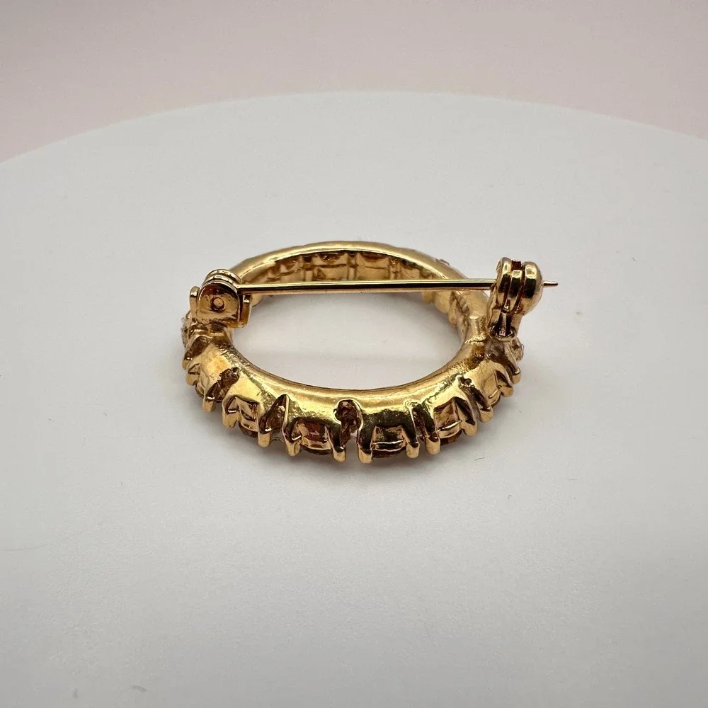 Vintage 90s Gold Tone Wreath Brooch Pin with Clear Rhinestones